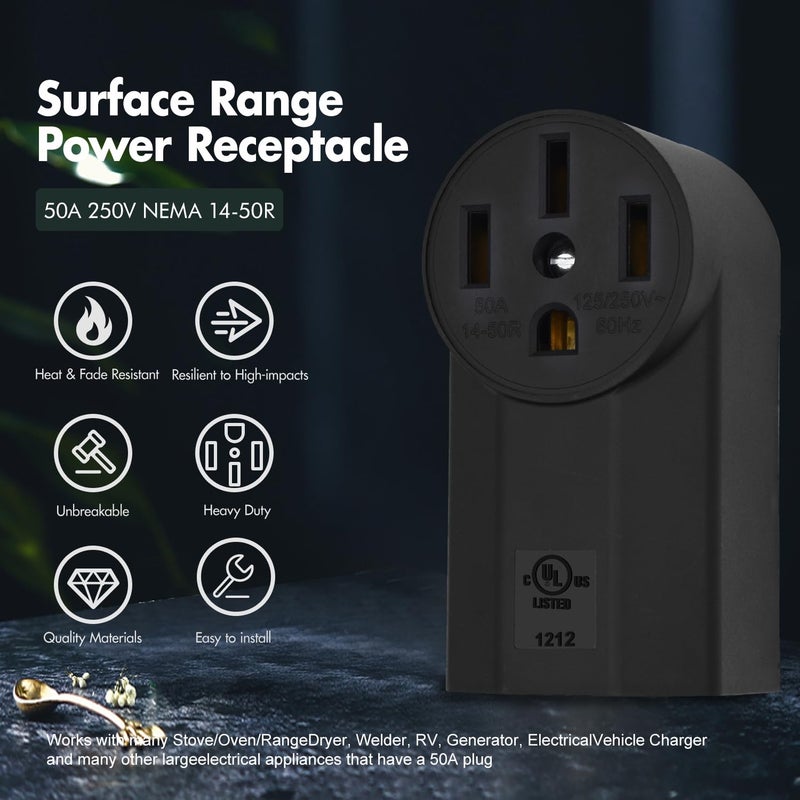 VAV NEMA 14-50R 50 Amp Heavy Duty Outlet, 3-Pole 4-Wire Surface Mount Power Receptacle, UL Certiied, 125/250 Volt Black Stove Outlet, for EV RV Oven Range - Image 2